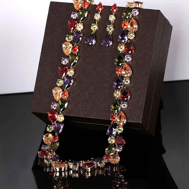 Rainbow Color Large Teardrop Cubic Zirconia CZ Crystal Necklace and Earrings Wedding Mona Lisa Jewelry Set