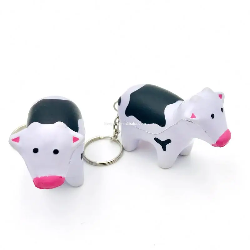 Hot Selling Custom Cow Shape Releaser Logo Printed PU Foam Stress Ball Keychain Promotional Animal Key Rings
