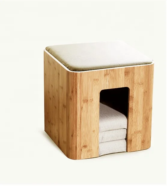 Bamboo Small Coffee Table Tatami Tea Table Storage Ottoman Living Room Furniture with 4 Cushions