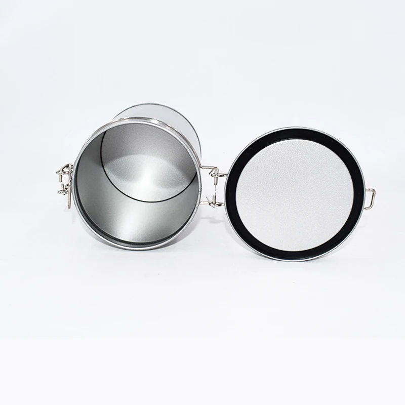 Round Hinged Metal Tin Can With Rubber Sealed Loop Lid