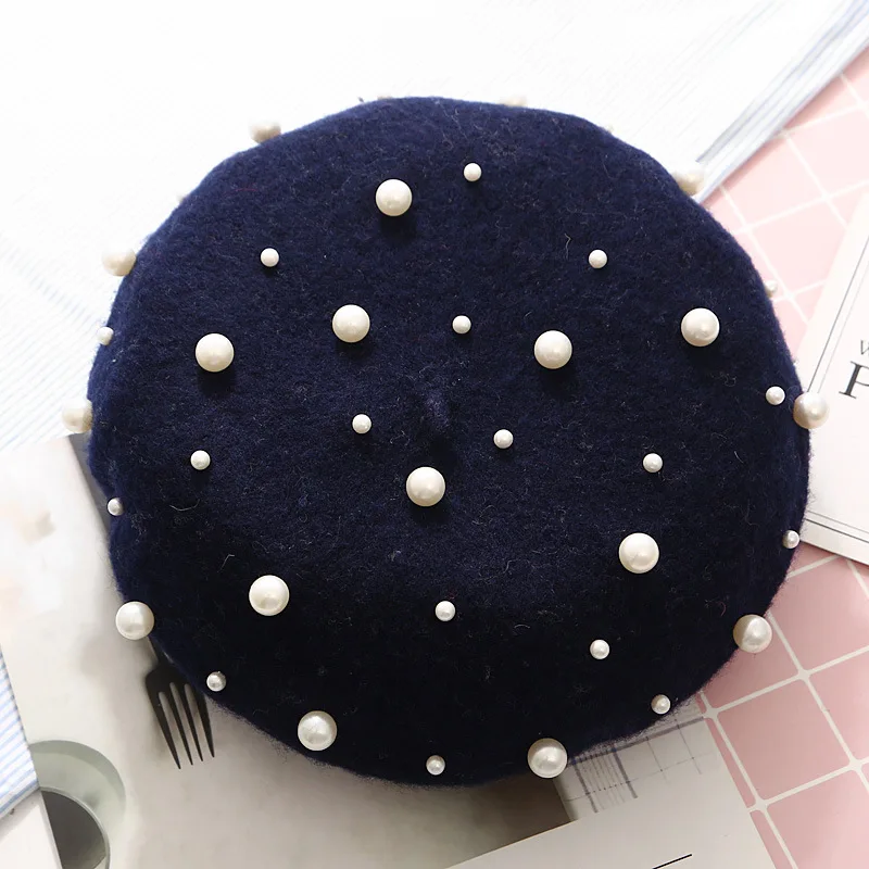 ladies winter wool felt beret cap with pearl