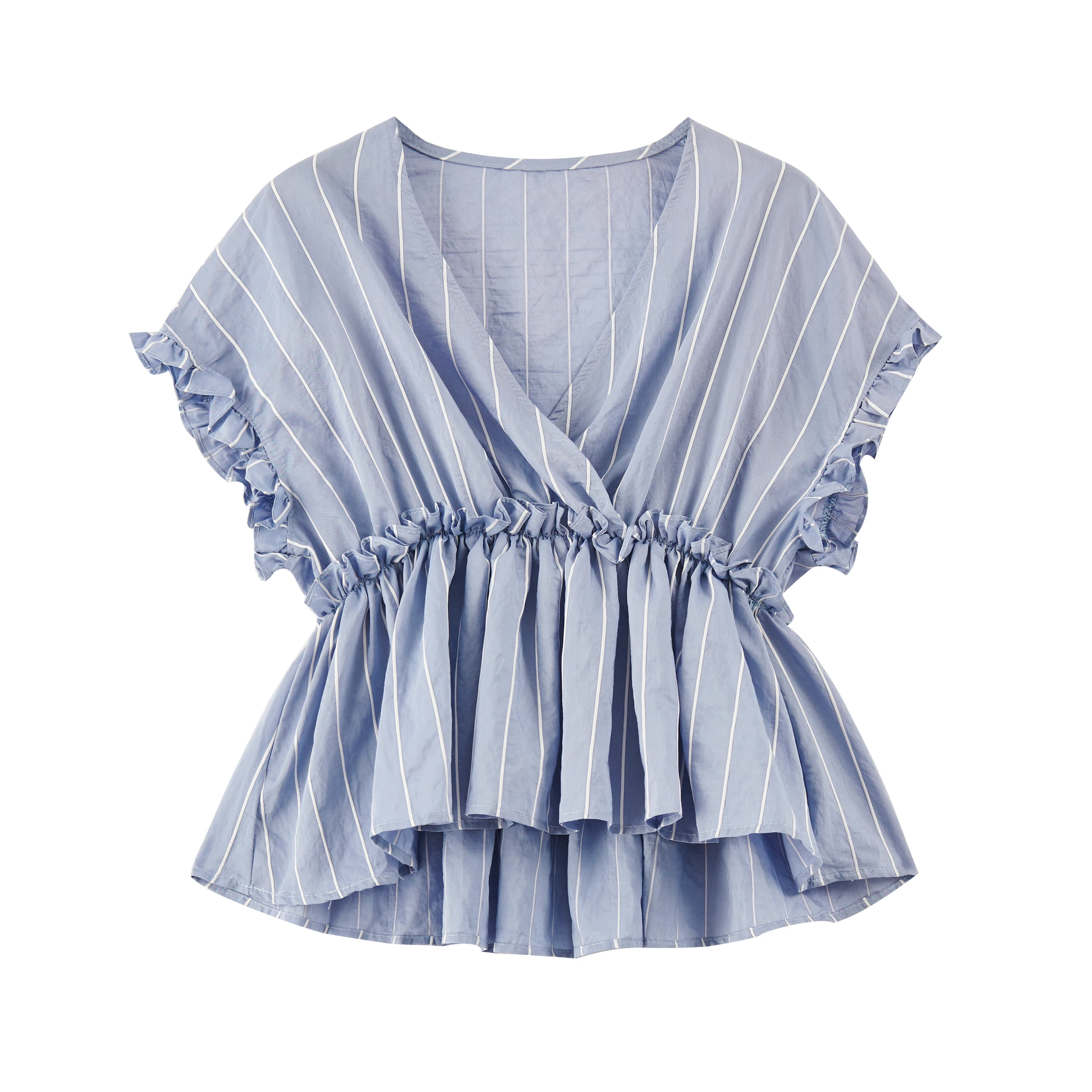 Different Design Custom Ruffled Collar One Shoulder Sky Blue Stripes Women Blouse