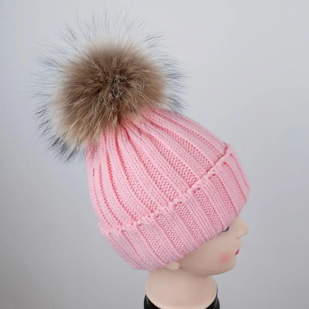 Hot sale kids knitted real mink fur bobble hat beanie hat