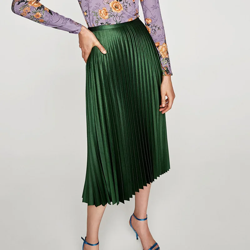 Modern Design High Waisted Green Plain Color Mid--calf Length Pleated Skirt