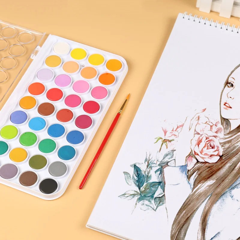 
12/24/36 Colors Professional Solid Watercolor Paints Paint Box with Paintbrush Bright Color Portable Watercolor Pigment Set 