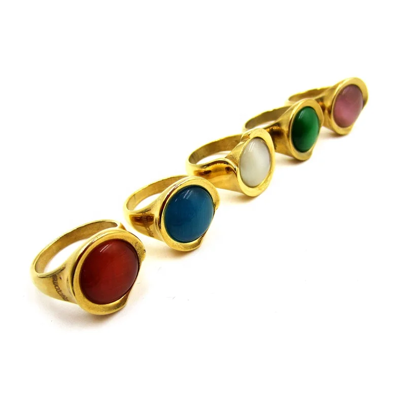 Fashion stainless steel latest gold ring designs with Multi-color Cat -eyes stone