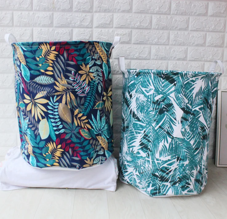 Leaves and Flower Printing Household Foldable Laundry Hamper Storage Basket Fabric