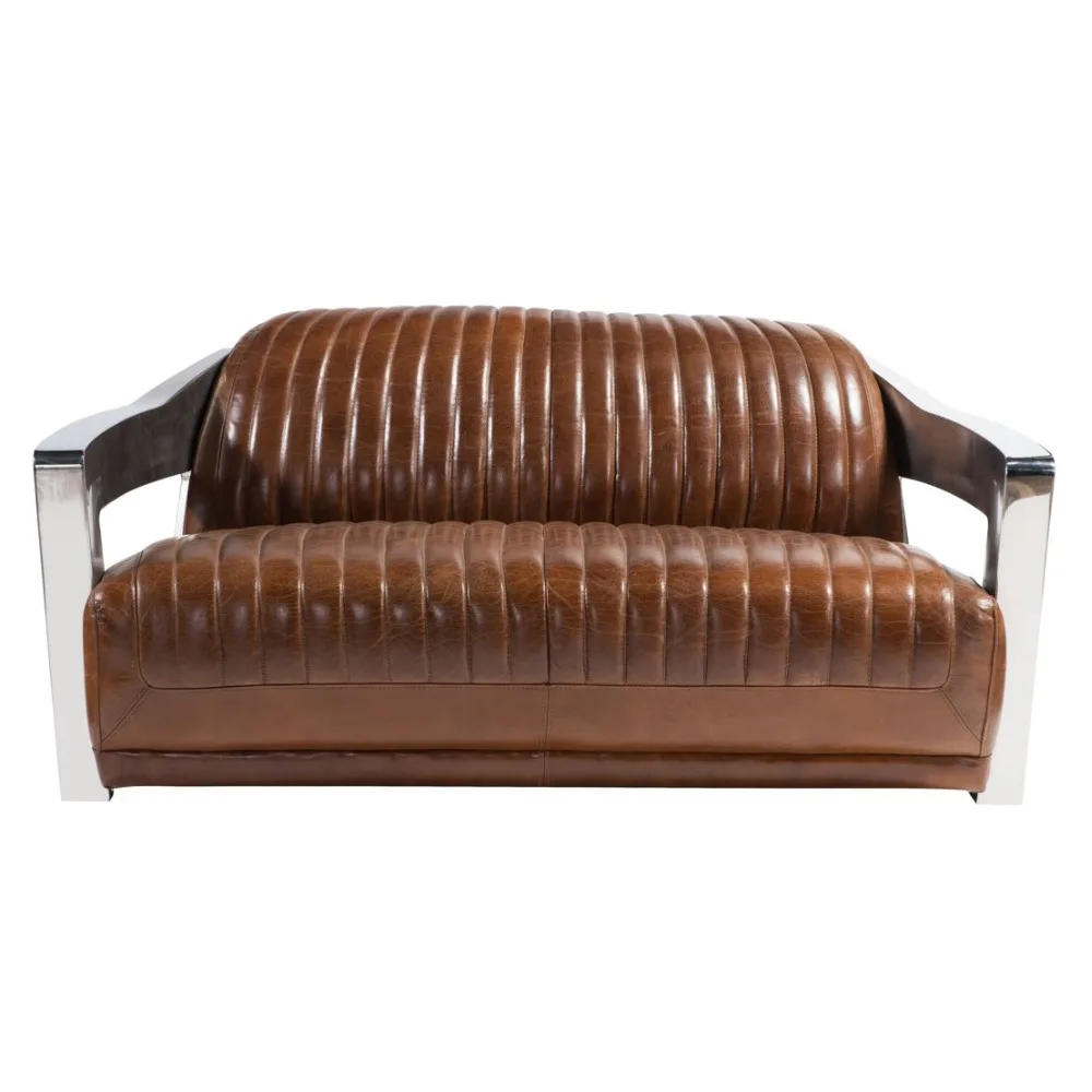 Modern Full Top Grain Leather Living Room Sofa With Stainless Steel Armrest Aviator Sofa