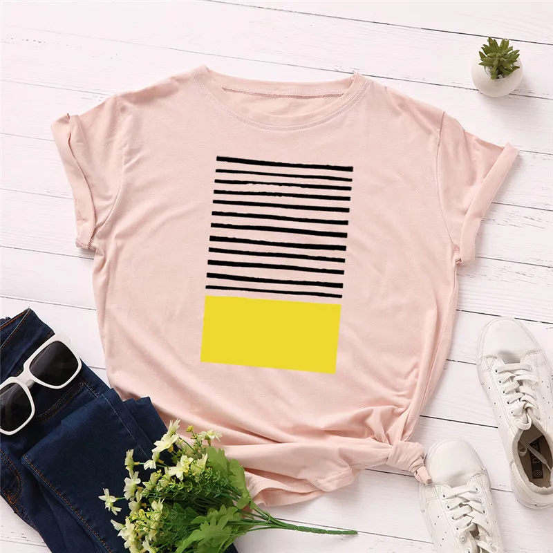 
Wholesale Women Casual Tshirts Chest Stripe Print T Shirt 100% Cotton O Neck Short Sleeve Summer T-Shirt Tops 