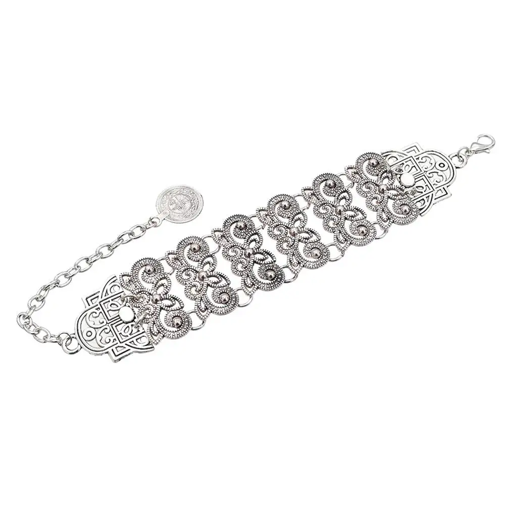 Retro Indian Ghungru Plated Silver Cuff Bracelet Bangle Egypt Carved Flower Hollow Coin Cuff Bracelet For Women Jewelry Design