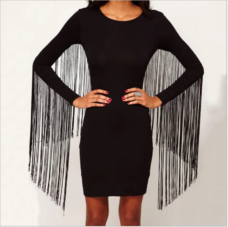 
Wholesale Summer Long Sleeves With Long Tassel Black Women Slim Fit Bodycon Dress 