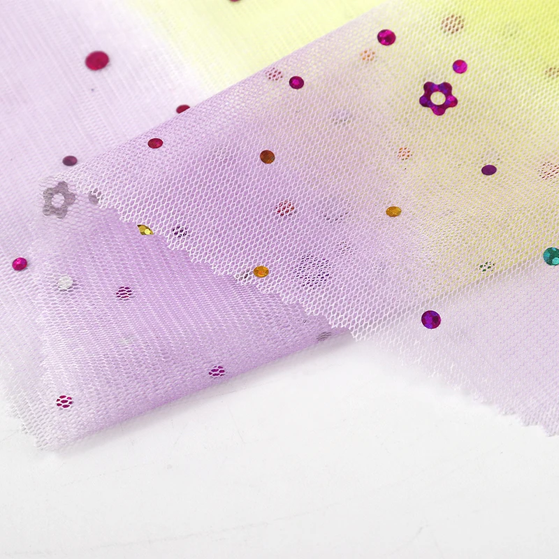 
Factory wholesale rainbow striped small flower sequins clothing mesh fabric for children 