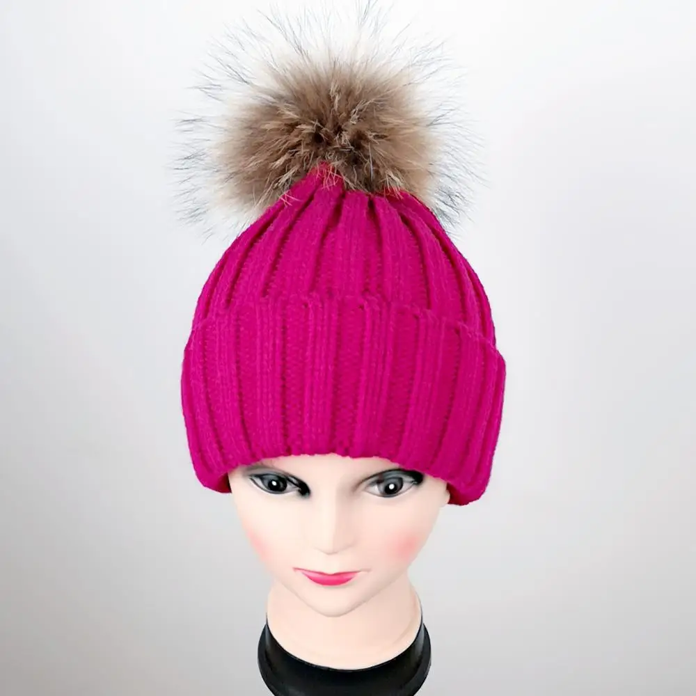 Hot sale kids knitted real mink fur bobble hat beanie hat