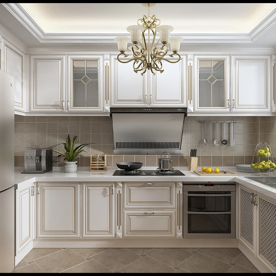 New Model Antique White kitchen cabinet Designs Cherry Solid Wood Kitchen Cabinet