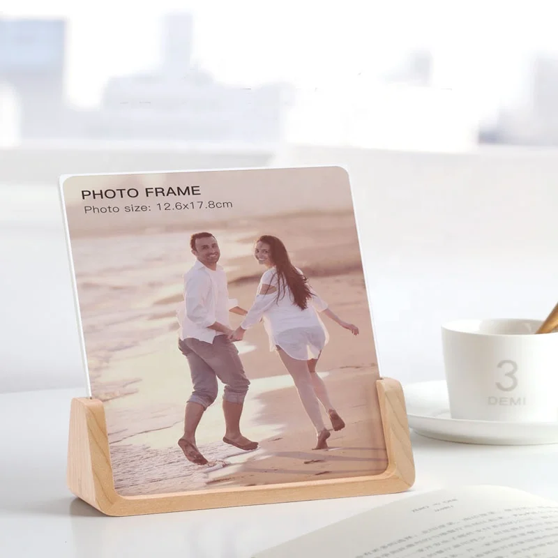 Quality Modern clear acrylic sheet picture photo frames with wood base stand