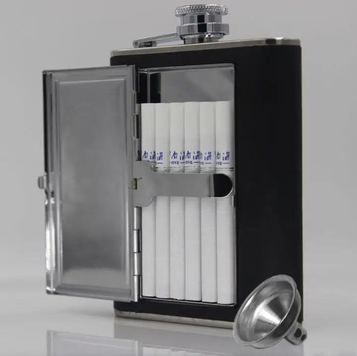 Leak-proof 6ounce Stainless Steel Hip Flask with Cigarette Case and Leather Wrapped Cover with Funnel