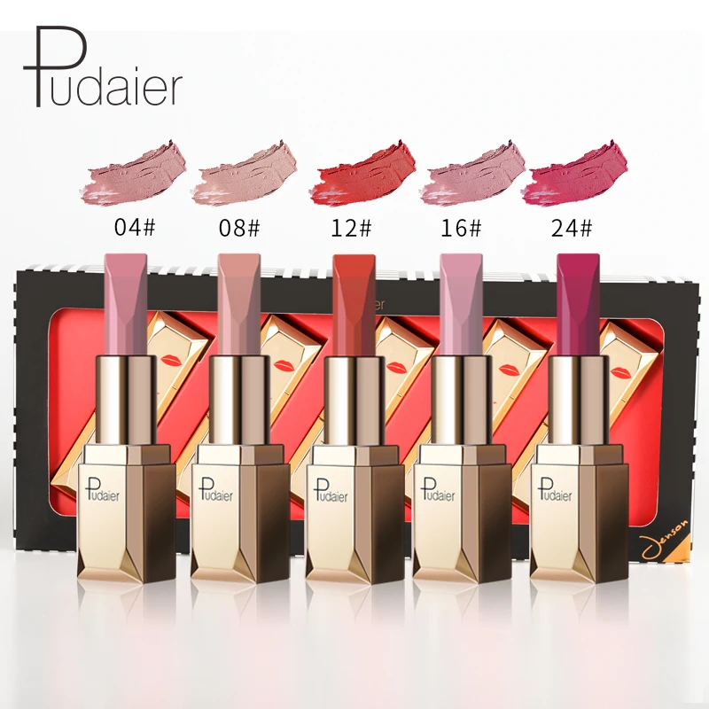 Pudaier 5pcs/set Lipstick Matte Cosmetic Waterproof Long Lasting Pigment Velvet Sexy Lip Nude Matte Lipstick Lip Kits Batom