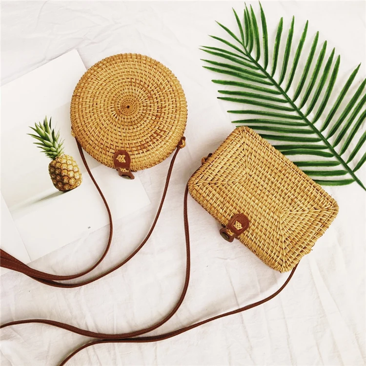Indonesia Natural Handmade Summer Tour Beach Shoulder Sling Bag Square Shape Small Rattan Bag