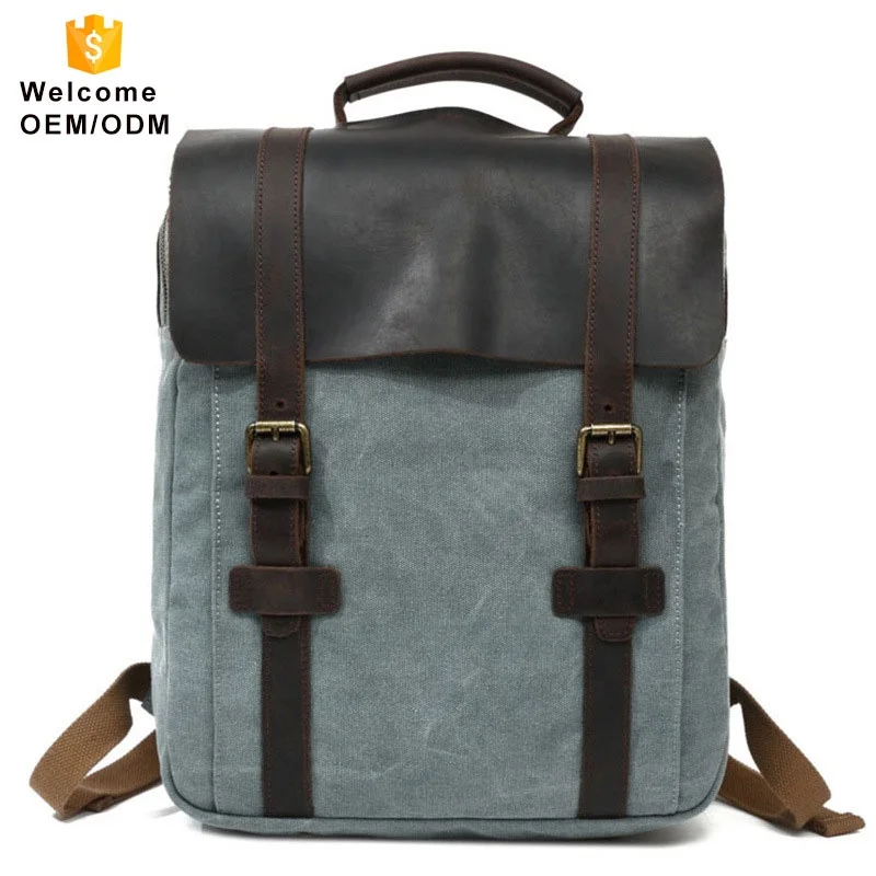 Waterproof retro vintage large capacity men business travelling real genuine leather bags mens bag waxed canvas backpack