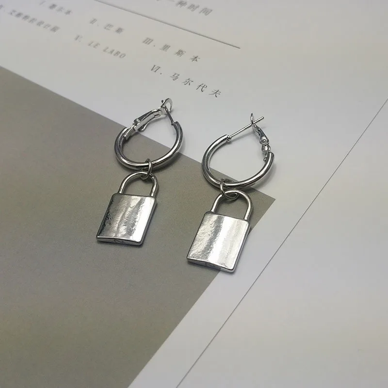 silver hoop padlock and key asymmetry charm earrings huggie lock key drop earrings mismatched