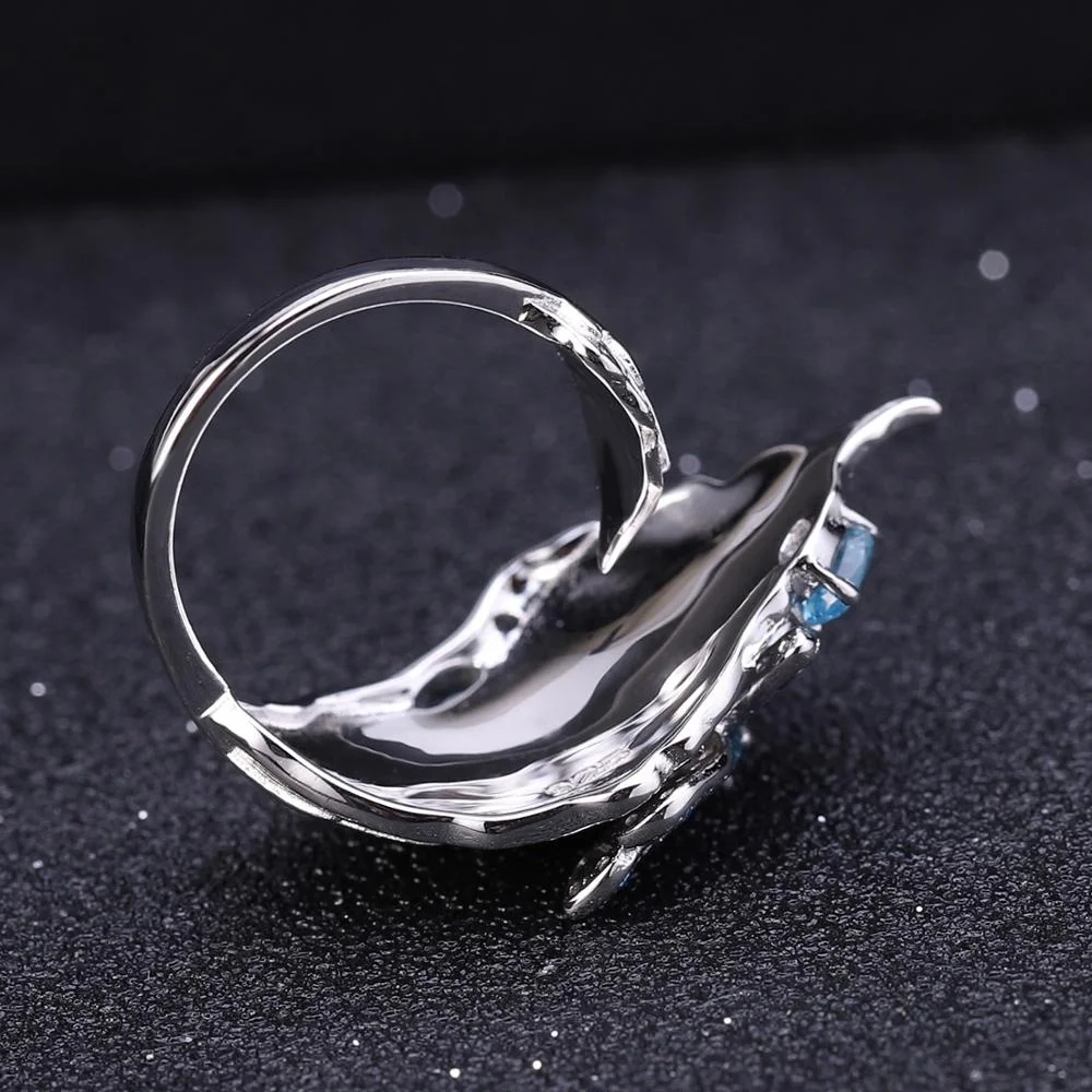 Abiding Hot Sale Natural Gemstone Swiss Blue Topaz Jewelry Leaf Rings 925 Sterling Silver Fashion Ring for Girls