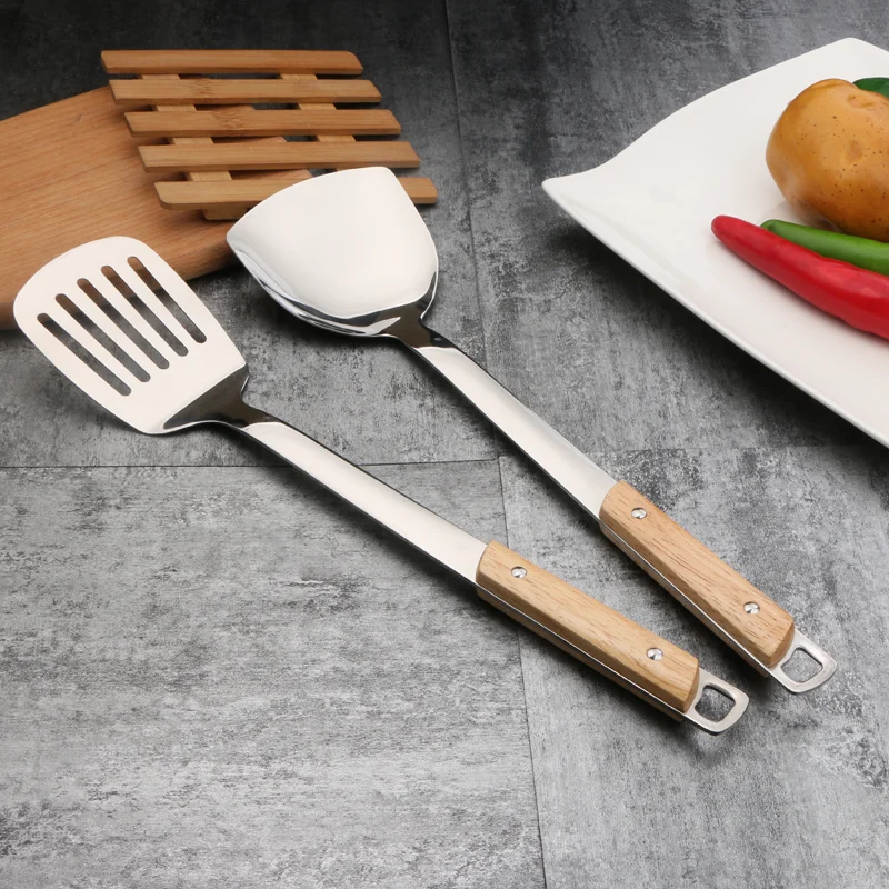 Wooden Handle Cooking Utensils Set Non Stick Stainless Steel Household Utensils For Kitchen Set