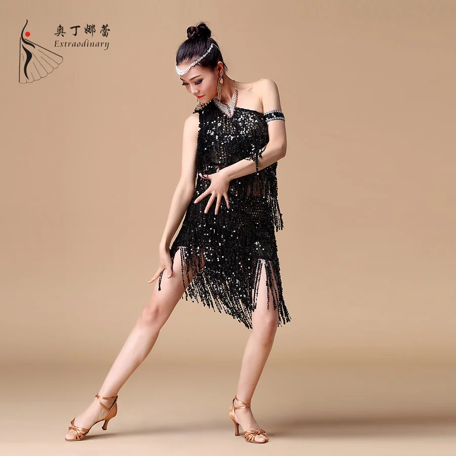 Women 3 Color Ballroom Latin Dance Dress with Sequin Tassel