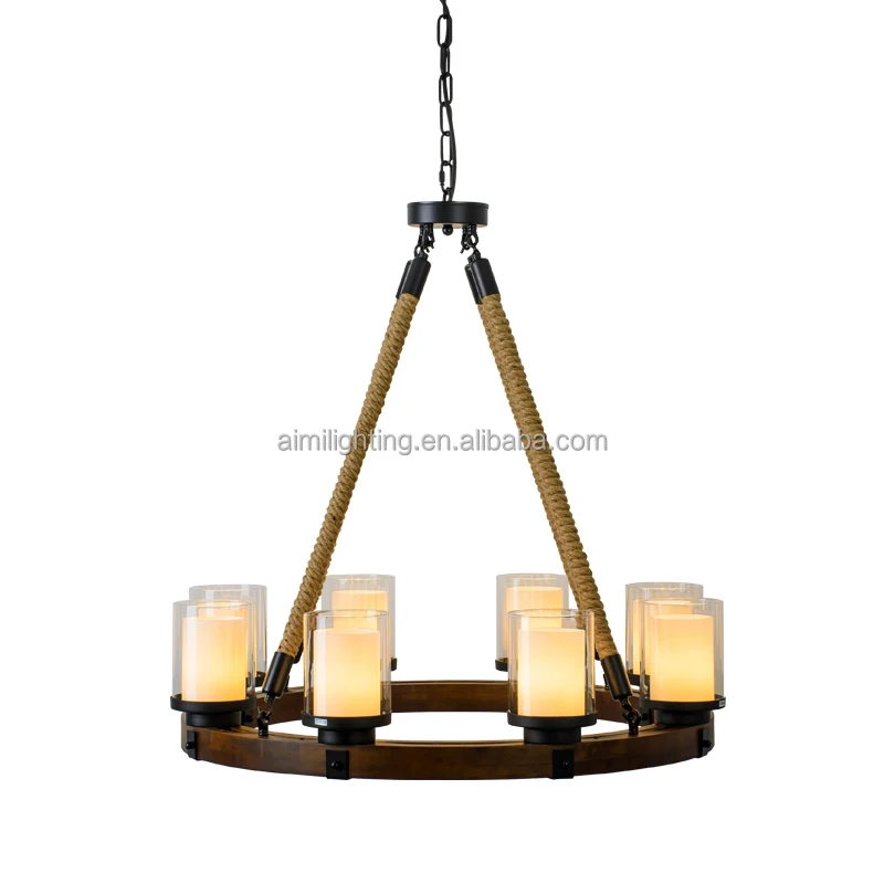 French vintage Wine barrel 8-light glass chandelier,retro rust hemp rope wrought iron pendant light