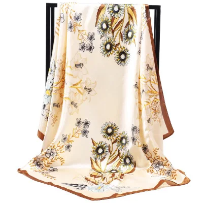 Newest 90*90cm Gerbera jamesonli Floral square large100% Polyester cheap satin scarf for women stylish