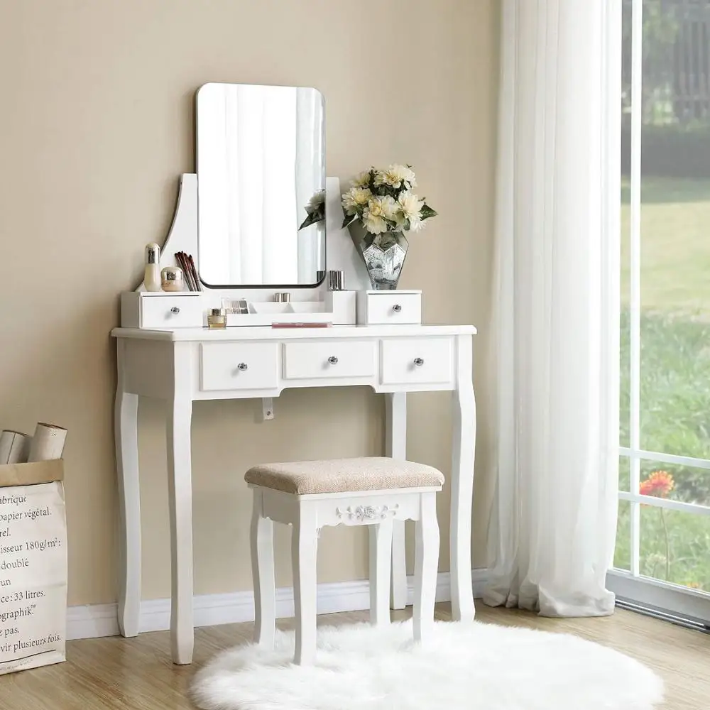 Big White Wooden 5 drawer with mirror bedroom furniture dresser