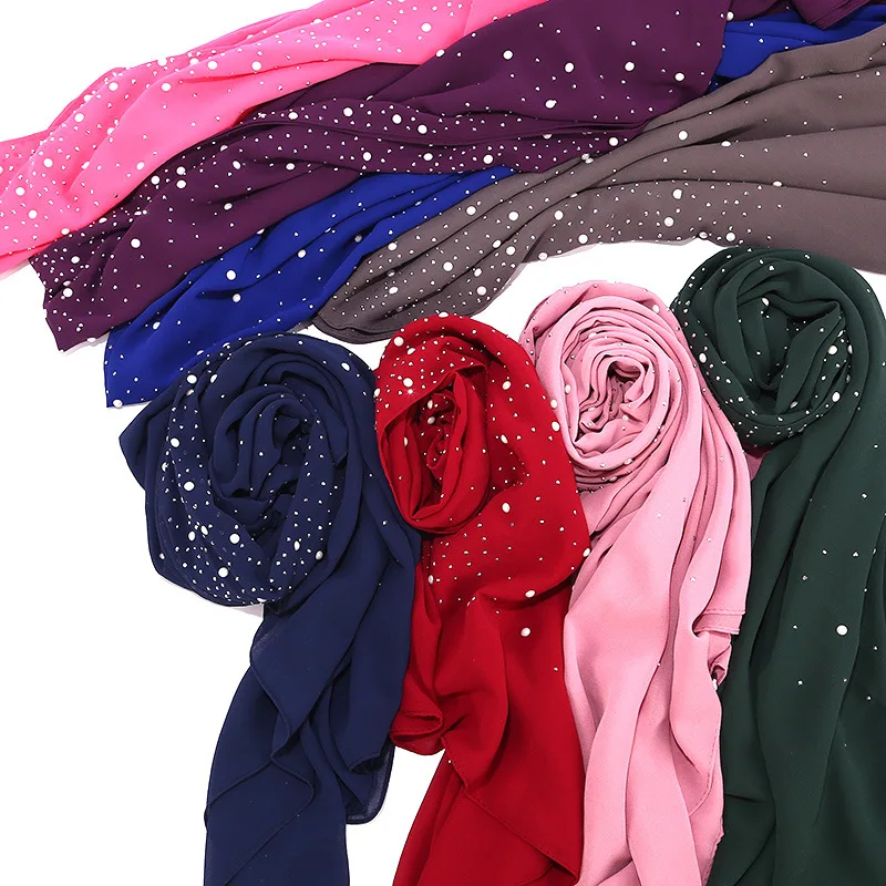 2019 new shades hijab solid color high quality rhinestone beads pearl chiffon hijab scarf shawl