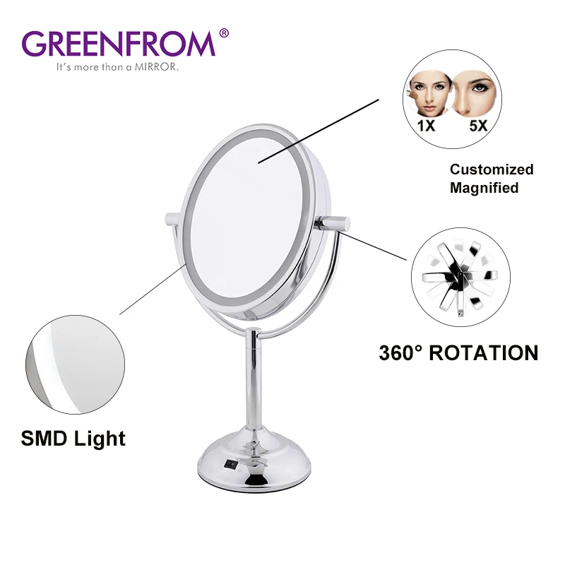 Овальная форма Двусторонняя 5X увеличение подсветкой led зеркало с подсветкой