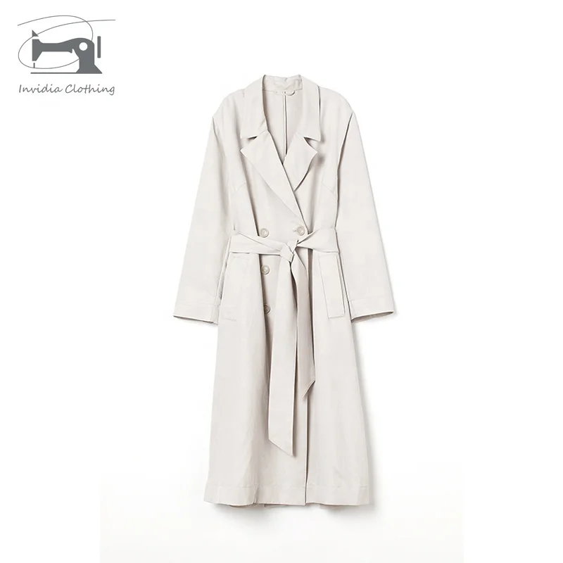 Latest Korean Style Trendy Women Turn Down Collar White Long Button Windproof Trench Coat With Belt