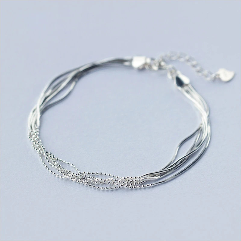 925 Sterling Silver Multilayer Snake Chain Bracelet Simple Small Beads Bracelets for Women Fashion Silver Accessories