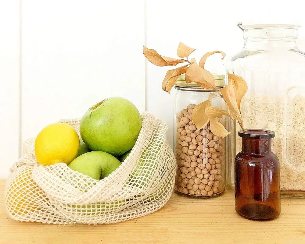 Mesh storage produce bags for potatoes,onions,garlics,vegetables reusable net tote bags for fruit veggie drawstring bag