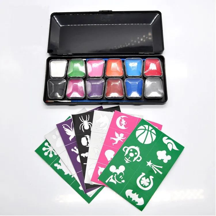 Face Skin Care Paint Kit for Children and Adults include 12 colors face paint pcs. 2 pcs. brushes 2 sponges