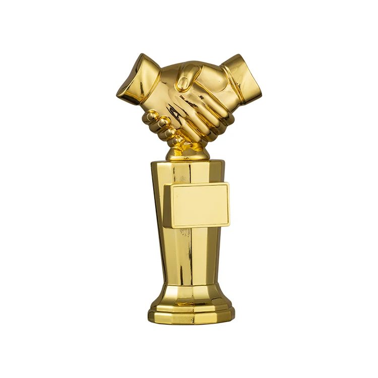 New design zinc alloy handshake modeling gold plated world trophy cup award with high base