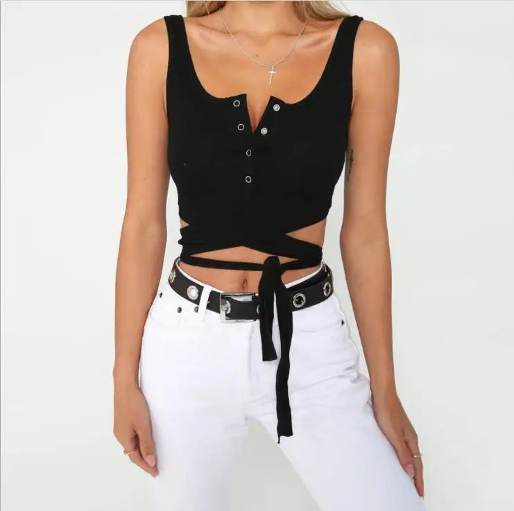 Черный женский бандажный кроп-топ без рукавов сексуальный простой летний укороченный топ на