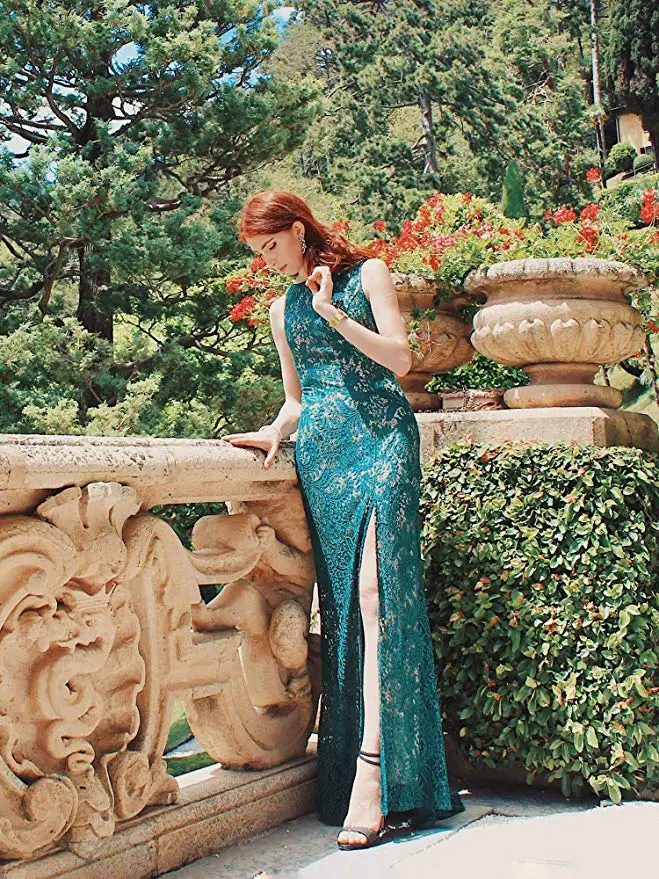 
High quality sleeveless long evening patterns of lace evening dress 