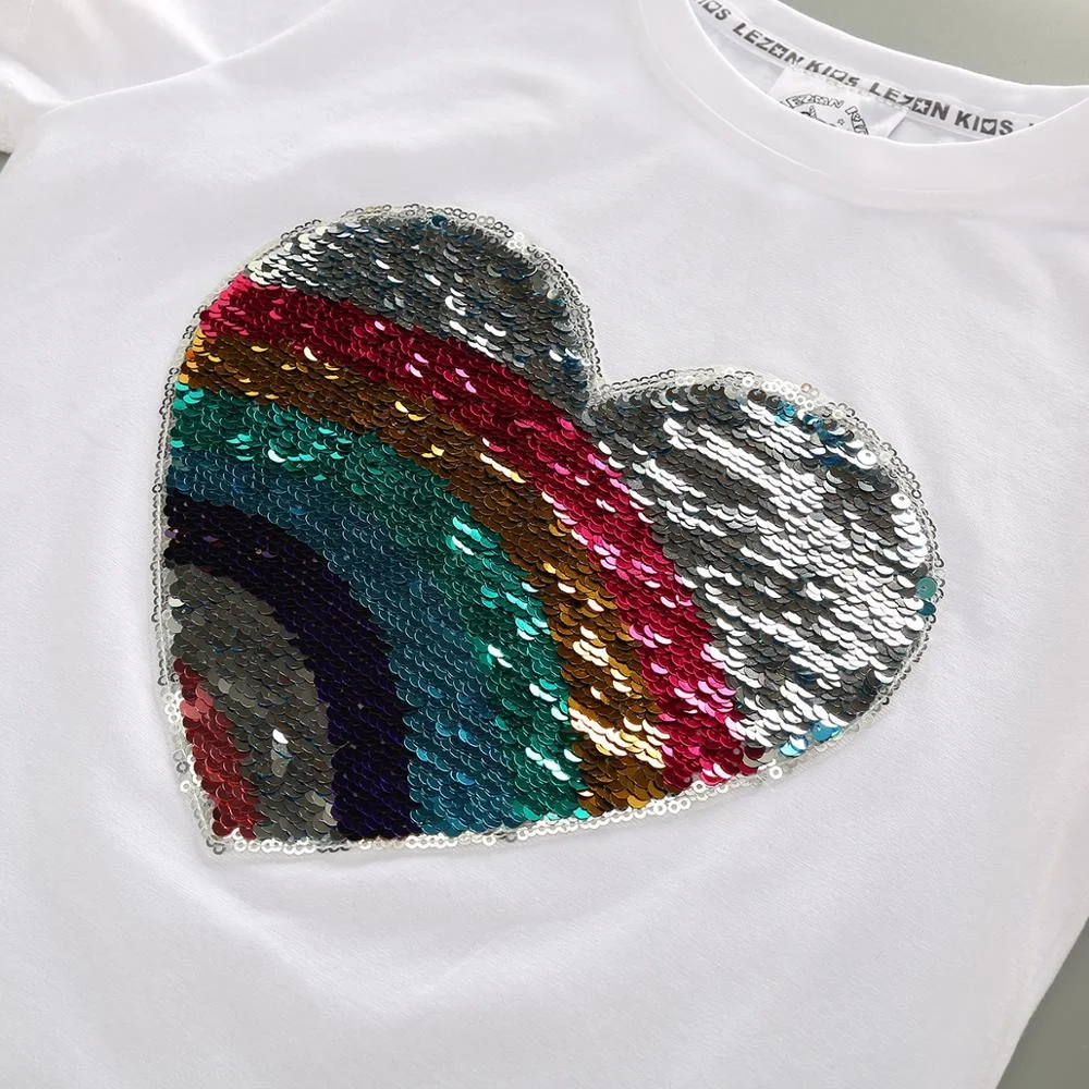 
Wholesale Girls Rainbow Heart Flip Sequin T-shirt in White 