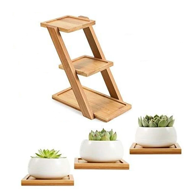3 Tier Plant Stand Square Bamboo Wooden Tray Stand Cactus Flower Pots Planter Holder