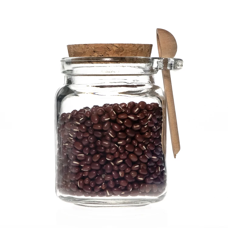 Kitchen Storage 200ml 6.8oz Round Food Container Empty Glass Honey Jam Jar with Wooden Cork Lid and Spoon