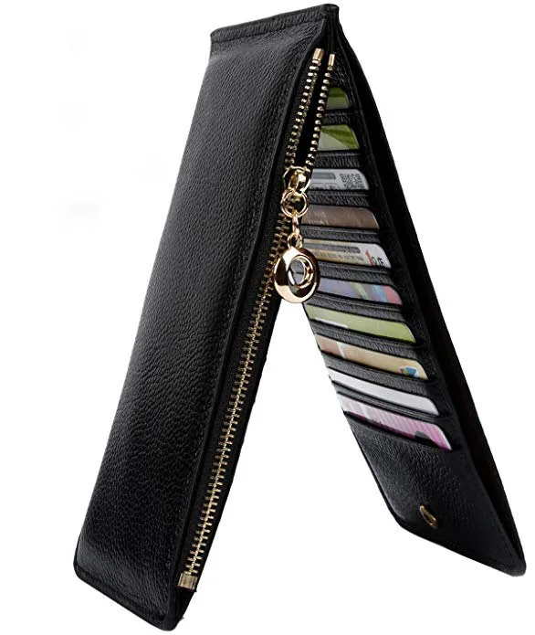Womens Wallet Blocking Bifold Multi Card Case Litchi Thin Wallet with Zipper Pocket