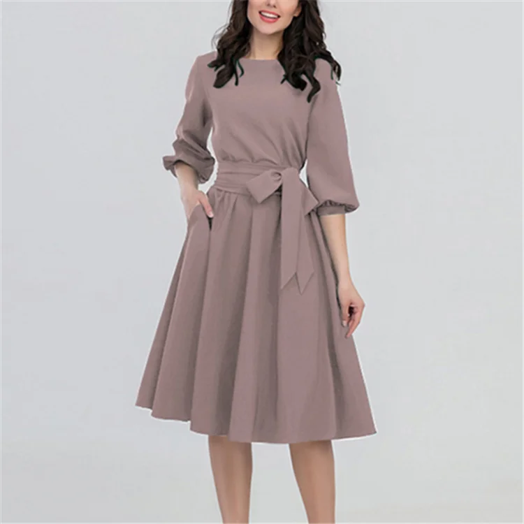 
Solid Color Round Neck Slim Vintage Dress Casual Elegant Vintage Evening Dress 