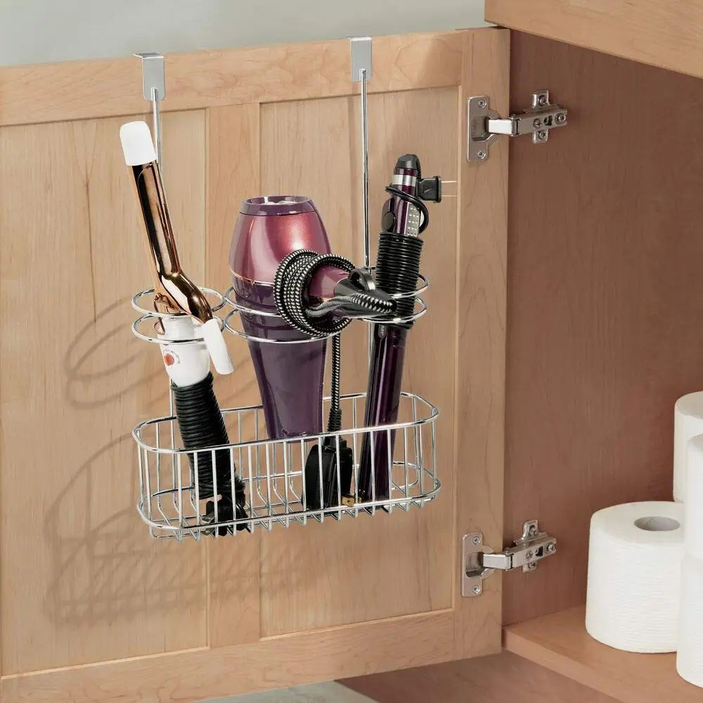 Grid Over the Cabinet Door Hair Styling Station, Metal Over Door Bathroom Hair Care Storage Basket