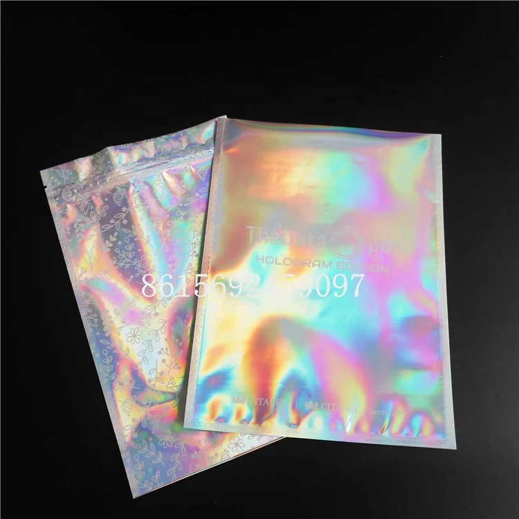 Custom printed holographic laser bag for T-shirt packaging the big size glossy  bag with one side clear for clothing