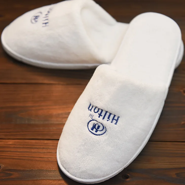 Wholesale Custom Logo White Coral Fleece Eva Sole Hotel Disposable Slippers