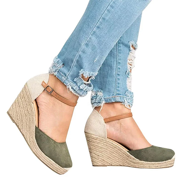 Fashion Women Closed Toe Espadrilles Platform Heel Wedge Shoes Ankle Strap Sandals