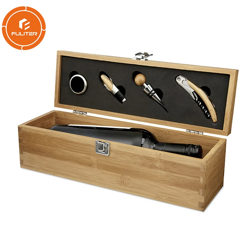 Custom Bamboo / Pinewood Wine Gift Box with Lock and Tools
