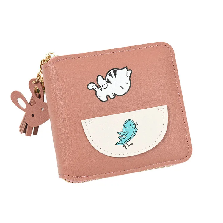 С принтом «кот ест рыбу» с бахромой; Новая кошелек длинными рукавами короткими Симпатичные портмоне для женщин обувь девочек-школьниц на молнии и квадратном мини